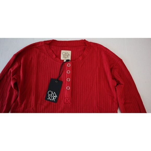 Chaser Women’s Sz S Red Waffle Knit Long Sleeve Thermal Pullover Shirt - Picture 3 of 4